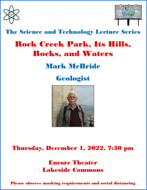 Poster for lecture, Geology of Rock Creek Park, Dec 1, 2022