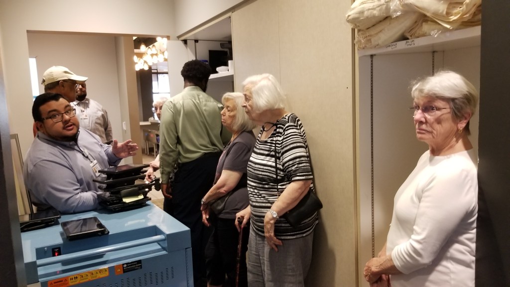 The tour started here as Charles, Steve and Emanuel described the workings of the tablets. The software is very sophisticated. It takes not only the orders but all the side requests such as do they want to main course immediately or wait some time after the soup and salad.