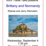 RWV Travel Talks presents Wednesday, September 4 7:30 pm Chesapeake Room, MST Brittany and Normandy Ettarae and Jerry Weinstein