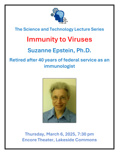 Poster Immunity to Viruses Suzanne Epstein, Ph.D. Thursday, March 6, 2025, 7:30 pm Encore Theater, Lakeside Commons